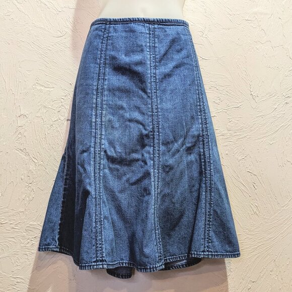 Vintage 90s Midi Length Denim Skirt Womens 12 Low Rise Y2K Casual Pencil Flare - Picture 1 of 5
